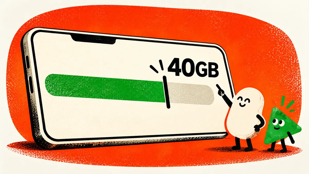 40GBの目盛りがあるデータ使用量メーターを、2人のキャラクターが確認するイラスト